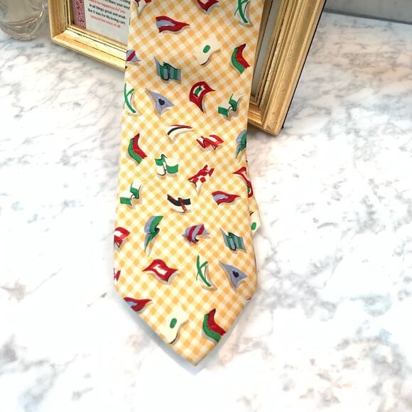 Lands End Long Silk Yellow White Checker Neck Tie - Picture 5 of 5